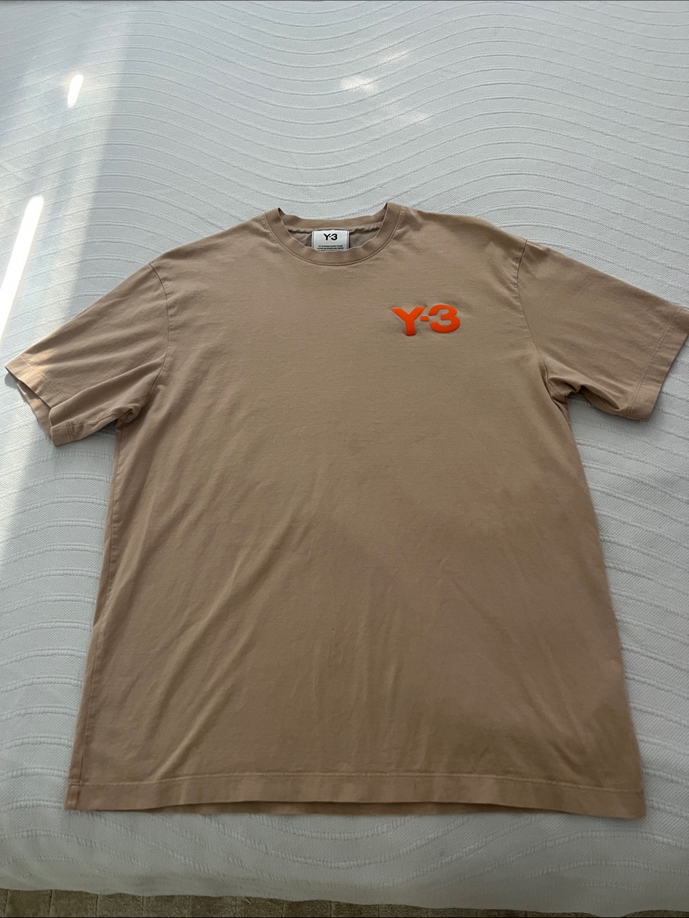 Y-3 Tan Short-Sleeve Tee with Orange Logo